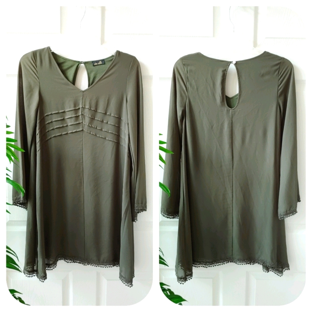 Dee Elle Embroidered Long Sleeve A-Line Mini Dress Green XS